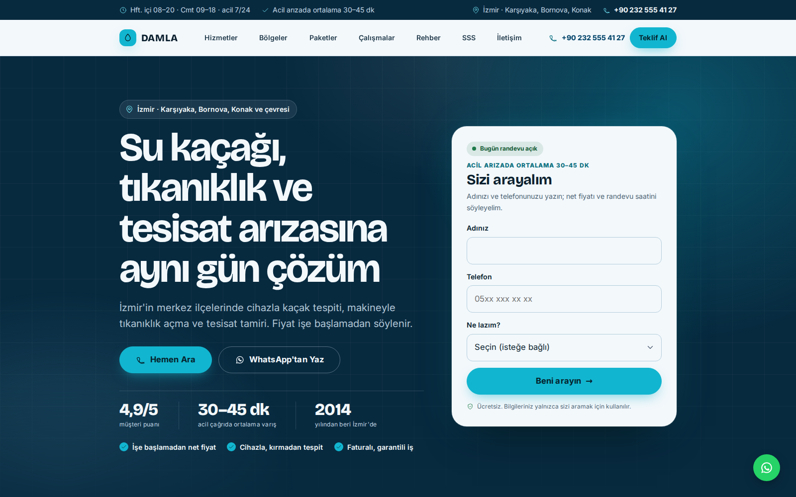 Damla teması ana sayfası: koyu mavi zeminde su tesisatı ve kaçak tespiti başlığı, aqua vurgulu butonlar ve hizmet kartları