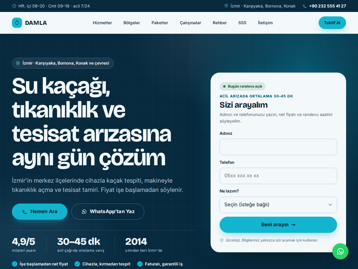 Damla teması ana sayfası: koyu petrol zeminde dev başlığın oturduğu su borusu, borudan inen kolun yanında Kaçak var mı? hızlı kontrol kartı ve aqua vurgular