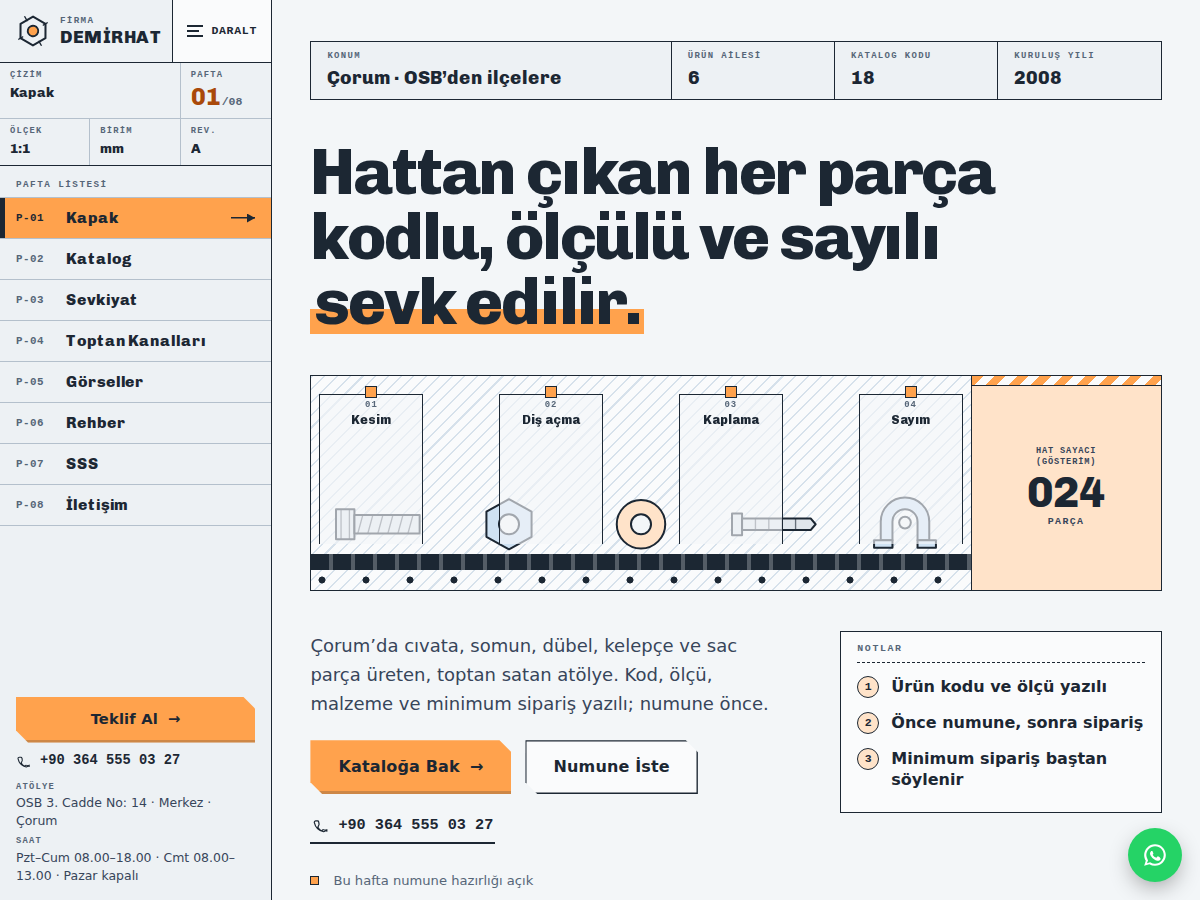 Hat teması ana sayfası: sol çizim kartuşu menüsü, konveyör hattında ilerleyen cıvata, somun ve rondelalar ve “Hattan çıkan her parça kodlu, ölçülü ve sayılı sevk edilir” başlığı
