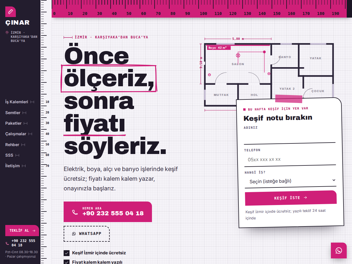 Kalıp teması ana sayfası: milimetrik kâğıt üzerinde metre şeridi, çizilen kat planı ve “Önce ölçeriz, sonra fiyatı söyleriz” başlığı
