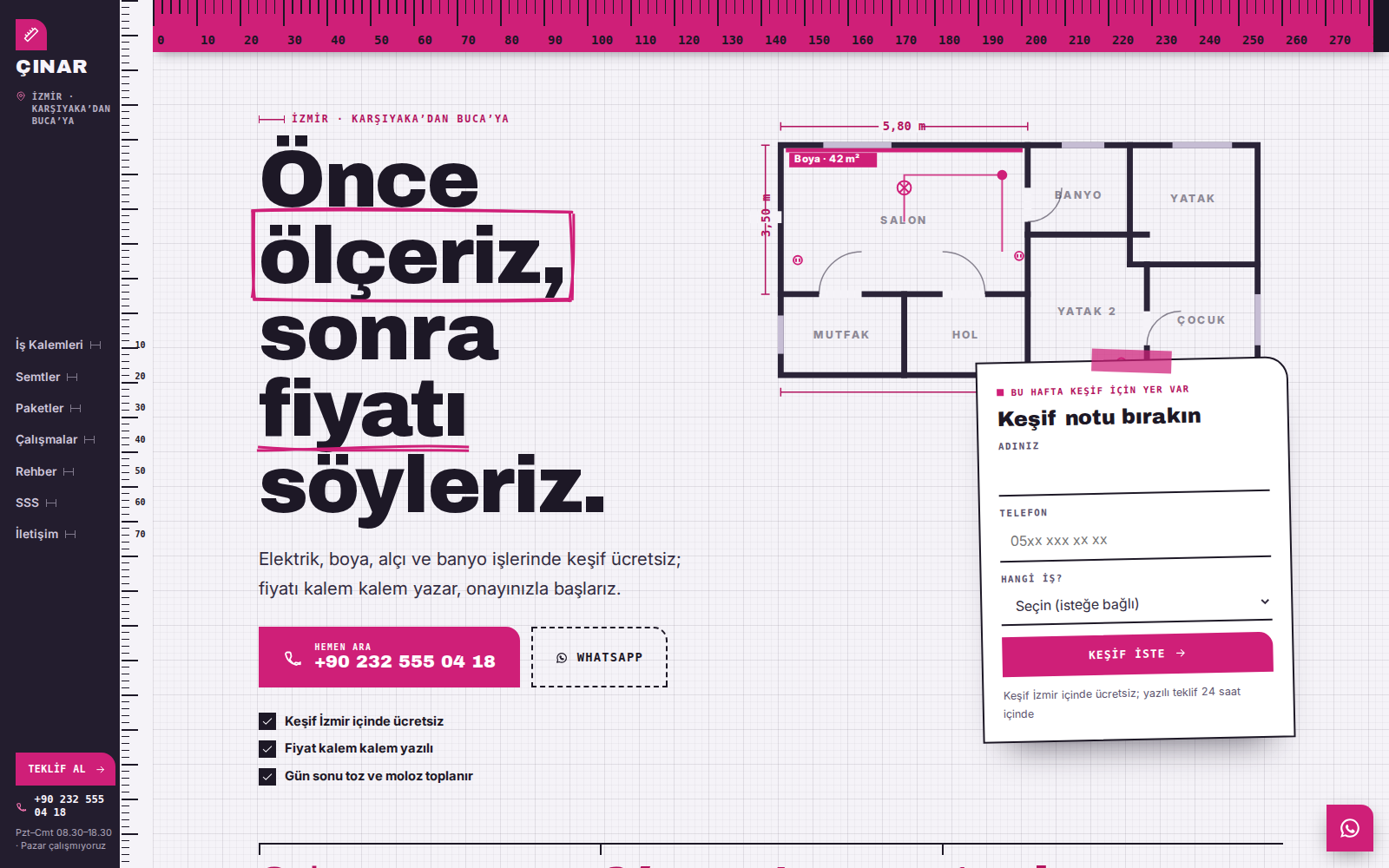 Kalıp teması ana sayfası: milimetrik kâğıt üzerinde metre şeridi, çizilen kat planı ve “Önce ölçeriz, sonra fiyatı söyleriz” başlığı