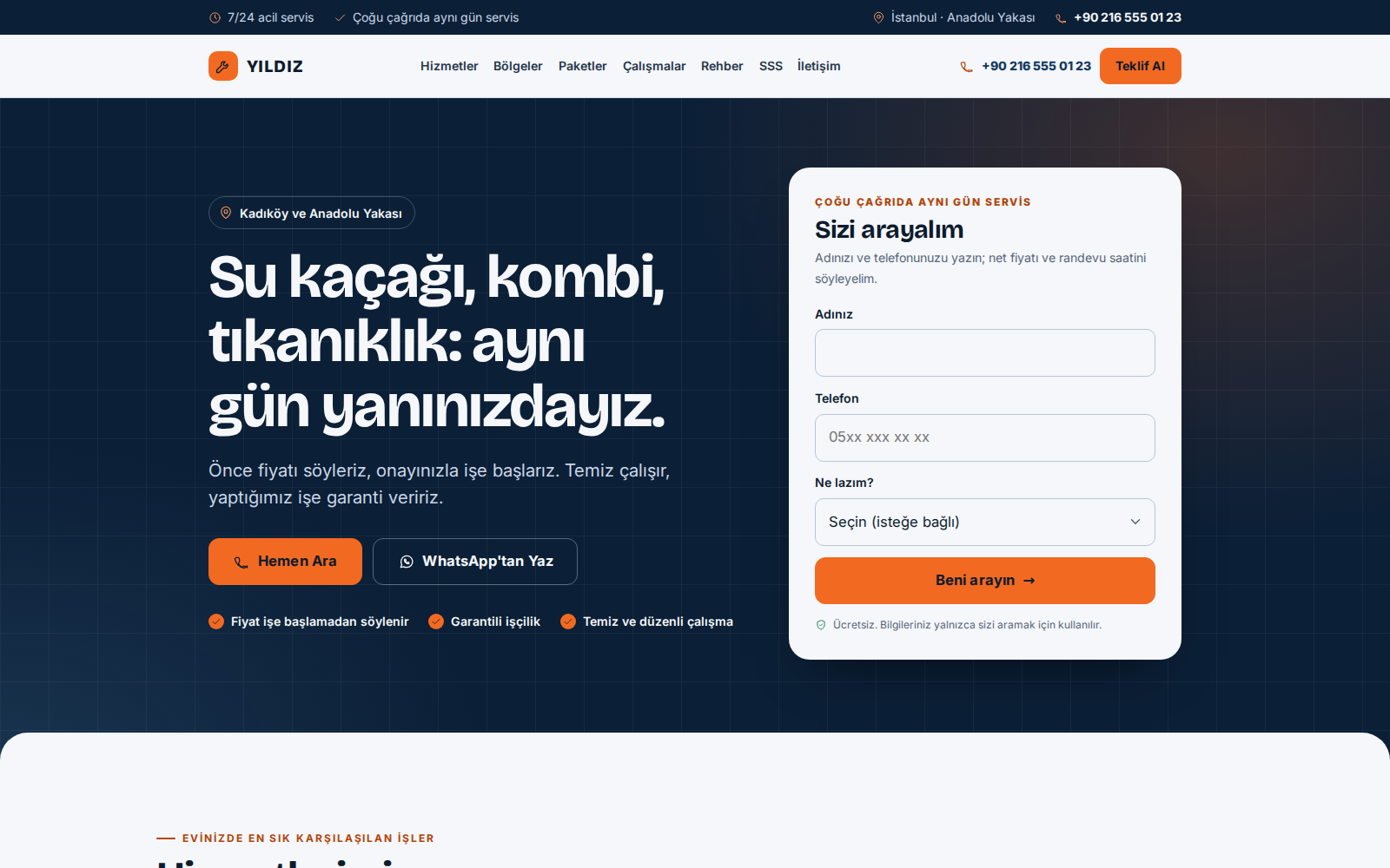 Yerel Hizmet tasarımının ana sayfası: “Su kaçağı, kombi, tıkanıklık: aynı gün yanınızdayız.” başlıklı, geri arama formlu lacivert ve turuncu hizmet sitesi