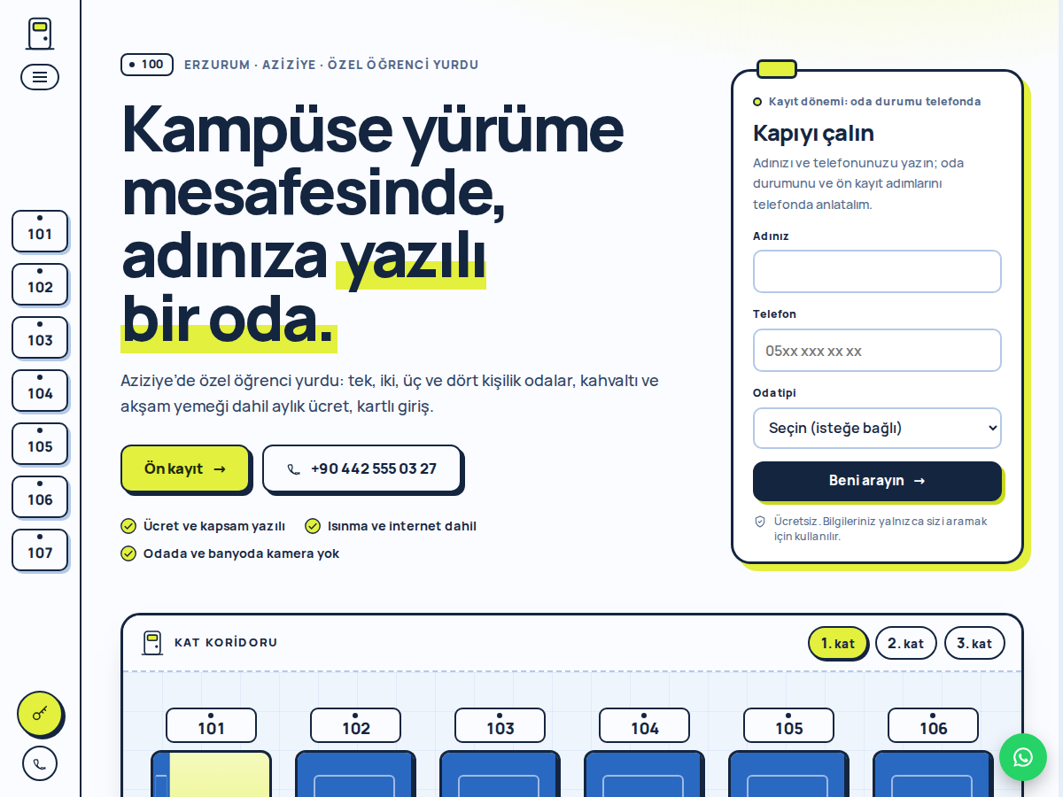 Oda teması ana sayfası: kat koridorunda sırayla açılan oda kapıları ve “Kampüse yürüme mesafesinde, adınıza yazılı bir oda” başlığı